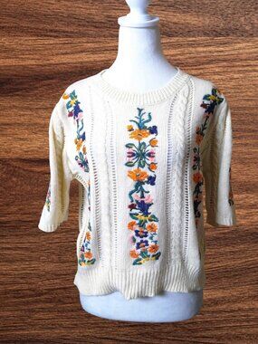 Sweet Generis Size Small Floral Embroidered Puff Sleeve Sweater Boho Coquette